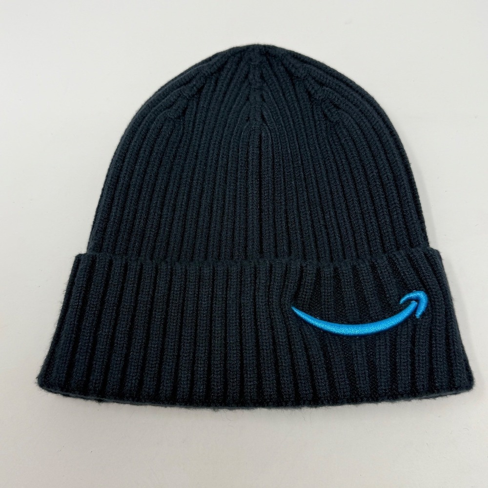 Amazon Employee Smile Logo Ribbed Knit Beanie Hat Black Cuffed Watch Cap Tech